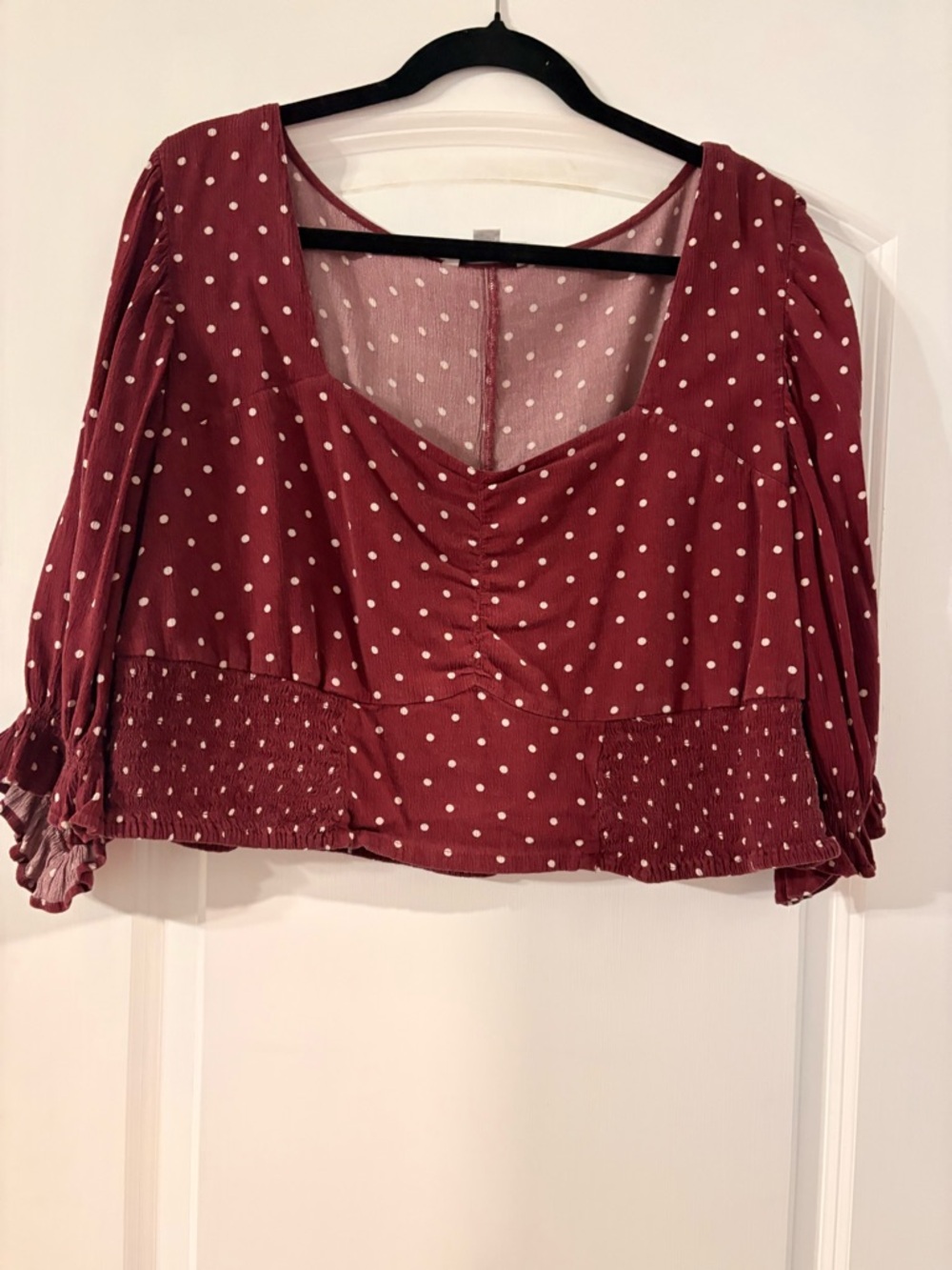 American Eagle Outfitters Burgundy Polka Dot Ruched Peasant Top